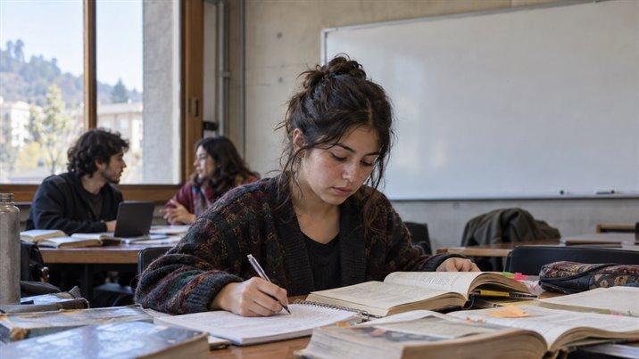 Una estudiante lee y toma apuntes a mano en una sala de seminario, con varios libros abiertos