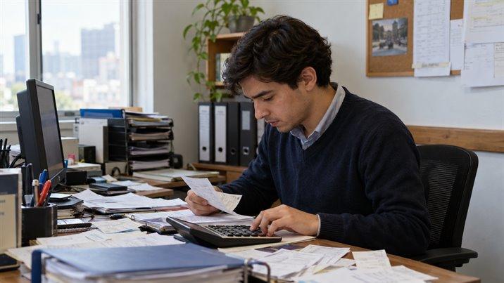 Un joven revisa facturas en papel con una calculadora, rodeado de archivadores en una oficina