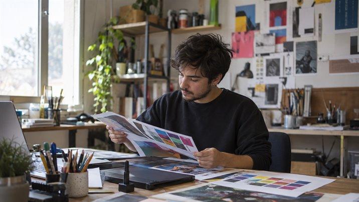 Un diseñador revisa pruebas impresas de un afiche y muestras de color sobre una mesa de trabajo