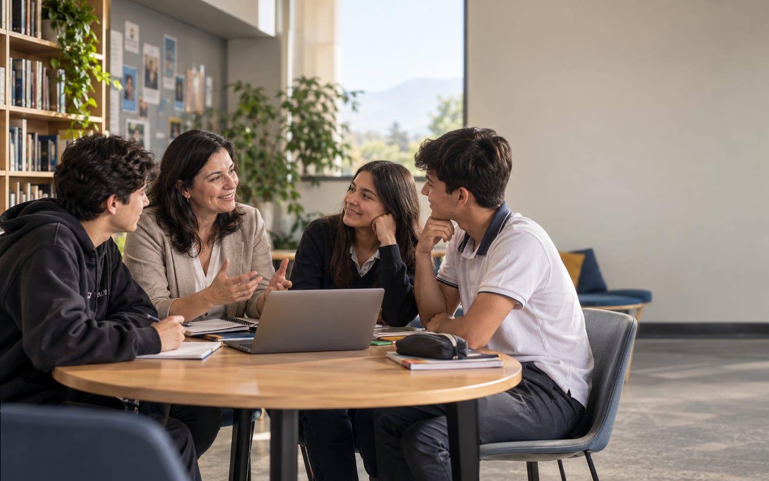 Una orientadora conversa con tres estudiantes de un colegio, con un computador en la mesa