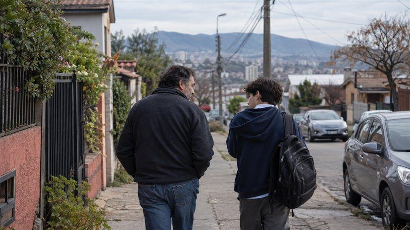 Un padre y su hijo adolescente caminan conversando por una vereda, vistos de espaldas