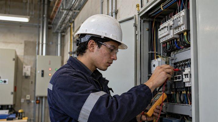 Un técnico con casco y lentes de seguridad mide con un multímetro dentro de un tablero eléctrico