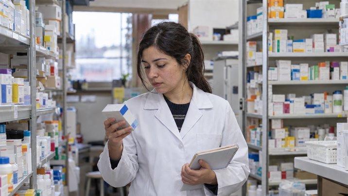 Una joven con delantal blanco revisa una caja de remedio frente a estanterías de medicamentos