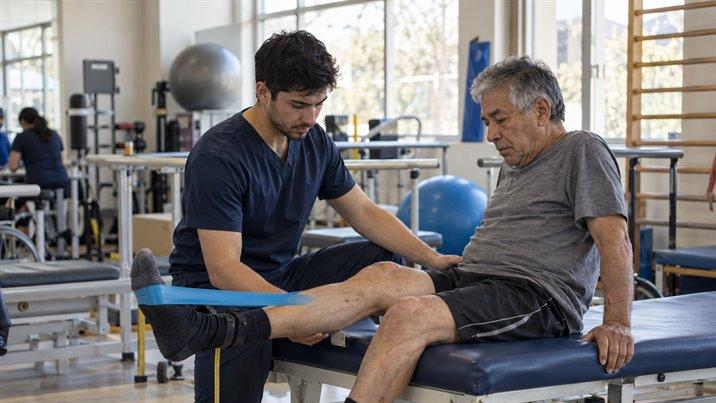 Un kinesiólogo ayuda a un paciente mayor a hacer un ejercicio de rodilla con una banda elástica