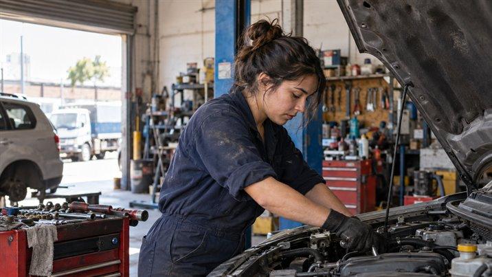 Una mecánica con overol revisa el motor de un auto con el capó abierto en un taller