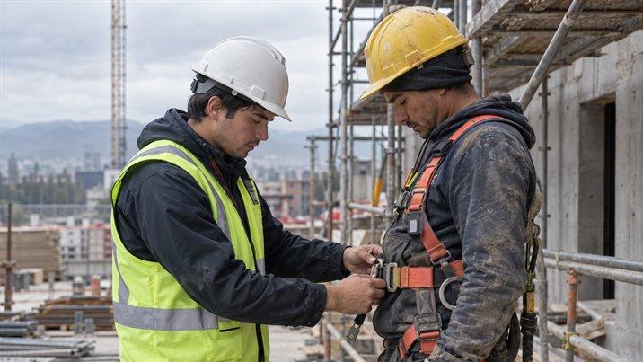 Un prevencionista con casco blanco revisa el arnés de seguridad de un trabajador en una obra