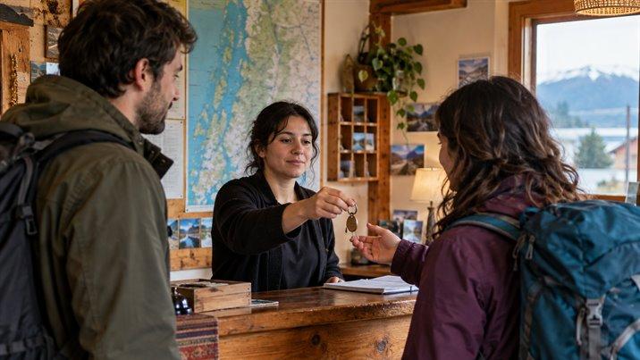 Una recepcionista entrega una llave a dos turistas con mochilas en la recepción de un hostal
