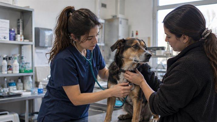 Una estudiante examina con un fonendoscopio a un perro sobre la mesa de una clínica veterinaria